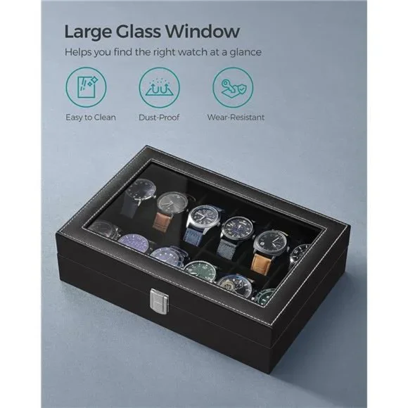 Watch Box 12-Slot Watch Case w Large Glass Lid Removable Watch Pillows Organizer - Picture 5 of 6